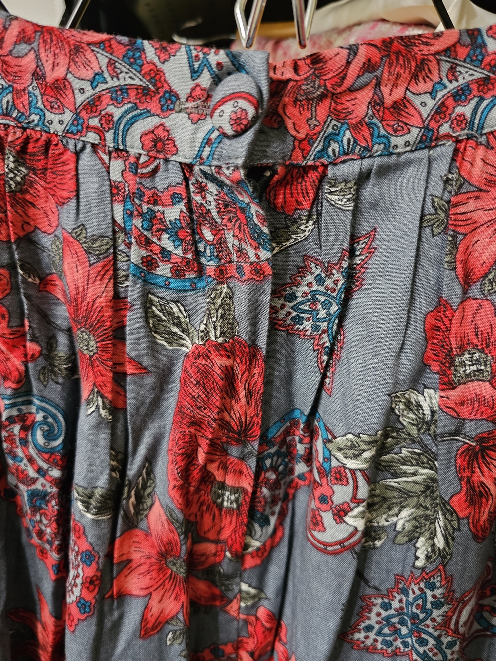 Floral Midi Skirt in Gray with Red Print, Made In The USA - Picture 5 of 8